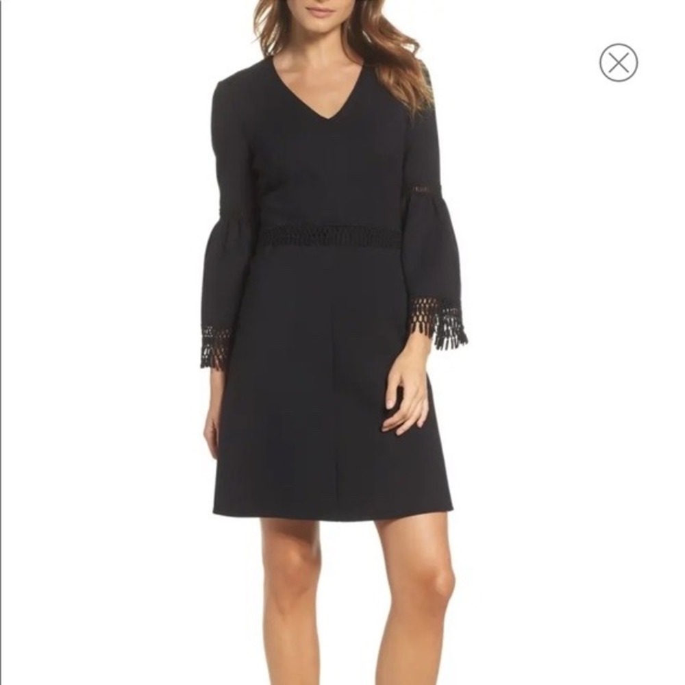 Kobi Halperin Vanessa Black Bell Sleeve Embroidered Lace V Neck Dress Size‎ 8